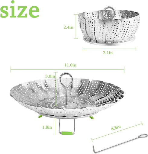 Steamer Basket Stainless Steel Vegetable Basket Metal Handle Folding Silicone Feet Steamer Insert for Cooking Veggies Fish Seafood Include Safety ...