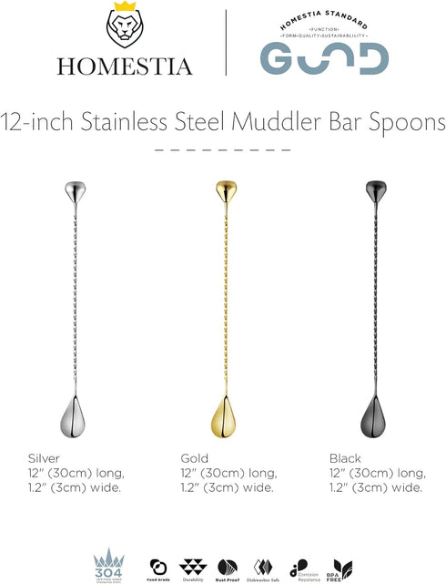 Homestia Bar Spoon Cocktail Mixing Stirrers for Drink, 12 Inches 304 Stainless Steel Spiral Long Handle, Bottom Weighted Solid Muddler Function, S...