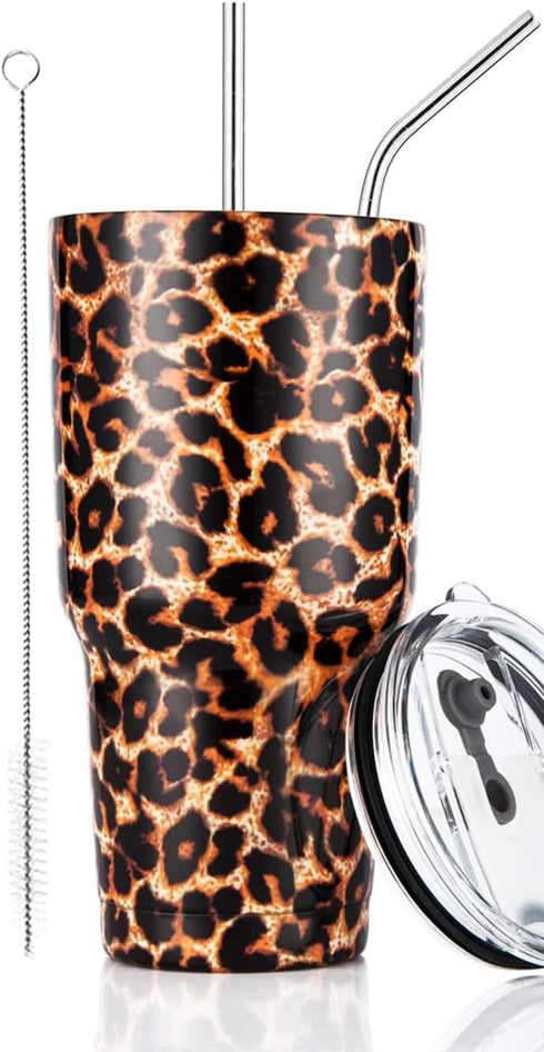 30oz Leopard Tumbler Stainless Steel Insulated Travel Mug with Straw Lid Cleaning Brush (30 oz Leopard), 1 Count (Pack of 1)...