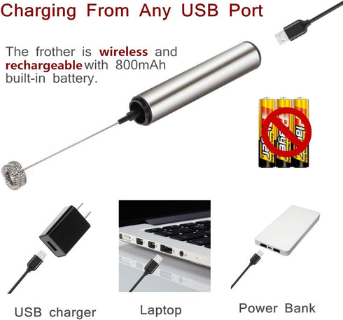 Electric Milk/Coffee Frother, Basecent Rechargeable Handheld Foam Maker/Mixer for Latte, Cappuccino, Frappe Drink, Hot Chocolate, Stainless Steel ...