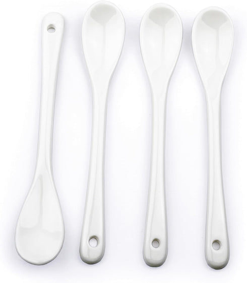 RSVP International Poached Egg Spoon, 4 Piece Set Multipurpose Use for Serving Jam, Honey or Soft Boiled Eggs, 5.5" Length, White Porcelain...
