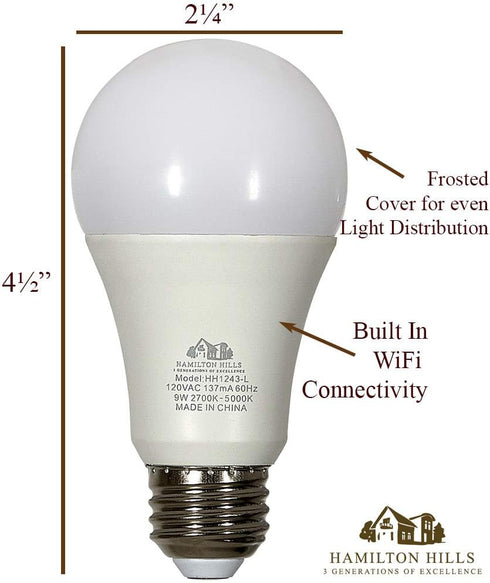 Hamilton Hills LED Smart Bulb - Smart Home Certified Standard Universal A19 E26 Dimmable Lightbulb WiFi Enabled No Hub Required Color Tunable 2700...