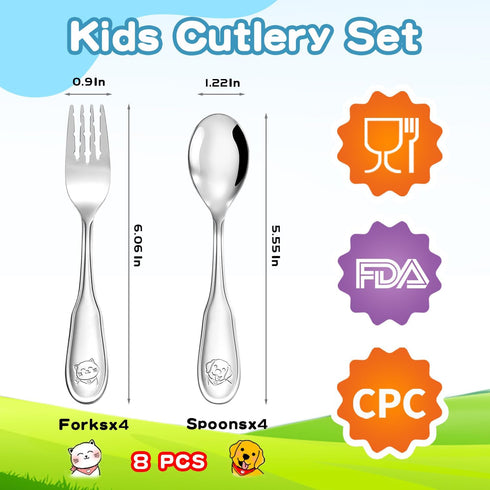 Toddler-Utensils-Kids-Silverware-Set, 8 PCS 18/10 Stainless Steel Toddler Forks and Spoons, Round Edges Children Cutlery Set with Dog & Cat Patter...