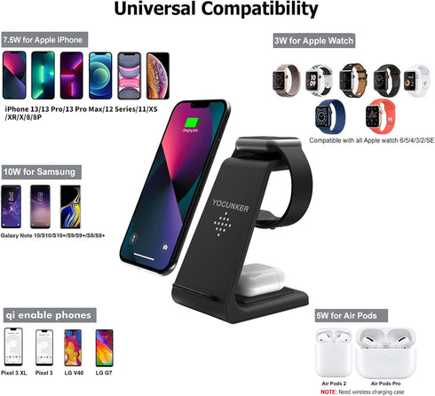 Wireless Charger for Apple,3 in 1 Qi-Certified Fast Charging Station Stand for iPhone 14/13/12,13/12 Pro,13/12 Pro Max,11/X/XS/XR/8,Apple Watch 7/...