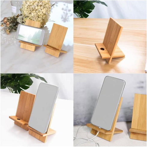 Bamboo Cell Phone Stand with Charging Hole, Detachable Wood Mobile Phone Holder for Desk Tablet Stand Wooden Desktop Dock Cradle for iPhone iPad S...