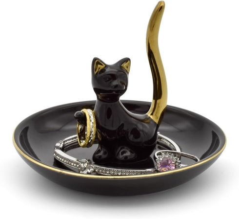 Happy Cat Posture Trinket Tray Decorative Ring Holder Jewelry Storage Dish Black/Golden Tail...