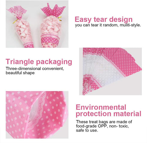 FTVOGUE 50 Piece Clear Cone-Shaped Treat Popcorn Bags Treat Bags Cellophane Candy Bags with Twist Ties(Pink)...