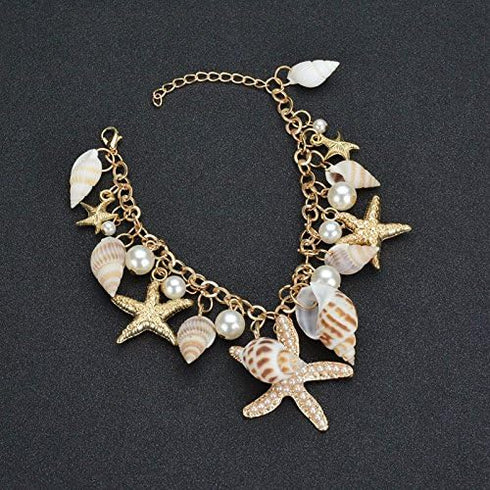 COLORFUL BLING Sea Shell Starfish Bracelets Pearl Charm Bracelets Beach Jewelry for Women...