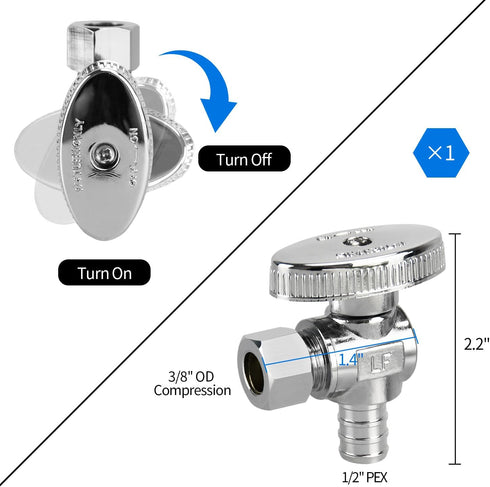 Stop Valves, 1/4 Turn Angle Stop Valves, 3/8" OD Compression × 1/2" PEX Chrome Plated Brass for Faucet, Toilet Valves (1×Angle)...