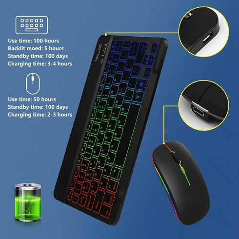 Ultra-Slim Bluetooth Keyboard and Mouse Portable Mini Wireless Keyboard Rechargeable 7-Color Backlit for Apple iPad iPhone Samsung Tablet iPhone S...