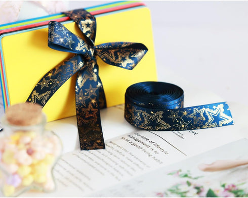 Navy Blue Ribbon with Gold Star Navy Silk Ribbon Navy Blue Satin Ribbon,10 Yards 7/8?22mm) for Gift Wrapping Craft Packing, DIY Craft, Wedding Par...