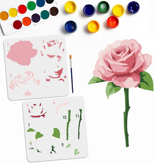 2pcs Layered Rose Flower Stencils 11.8×11.8inch Romantic Rose Leaves Templates with Paint Brush Love Rose Branch for DIY Crafts Decorations Wood F...