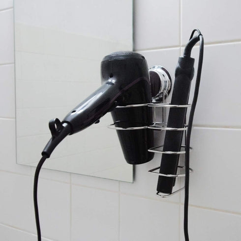 Navaris Hair Dryer and Flat Iron Holder - Suction Cup Wall Mount Blow Dryer and Straightener Mounted Storage Organizer for Bathroom - Stainless St...