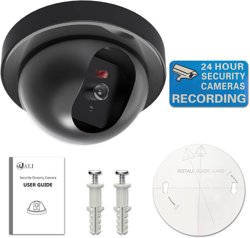 WALI Dummy Fake Security CCTV Dome Camera with Flashing Red LED Light with Security Alert Sticker Decals (SD-1), Black...