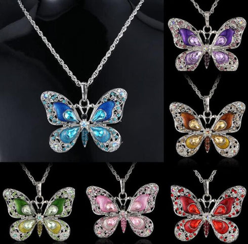 Fashion Rhinestone Butterfly Alloy Necklaces Pendant Personality Sweater Chain for Women...