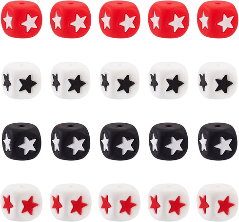 40Pcs Silicone Star Beads Cube Focal Beads 12mm Square Shaped Beads Red Black Pen Beads for Crafts DIY Beadable Pens Keychain Bracelet Jewelry Mak...