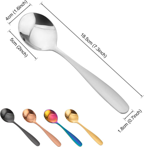5-Piece Round Soup Spoons Set | Stainless Steel | Muticolor Dinner Serving Spoons Titanium Spoon - Mirror Polish & Dishwasher Safe...