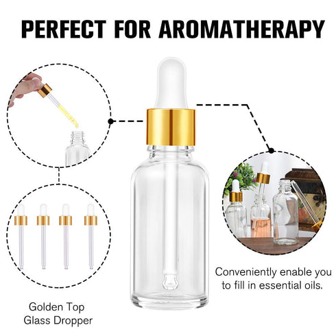 PrettyCare Eye Dropper Bottles 2 oz 4 Pack (Glass Bottles 60ml with Golden Caps, 12 Labels, Funnel & Measured Pipettes) Empty Tincture Bottles for...