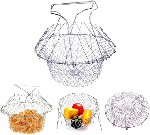 WAFJAMF Deep Fry Basket - 304 Stainless Steel - Multi-Function Foldable Chef Cooking Strainer, Flexible Kitchen Tool for Fried Food, Washing Fruit...