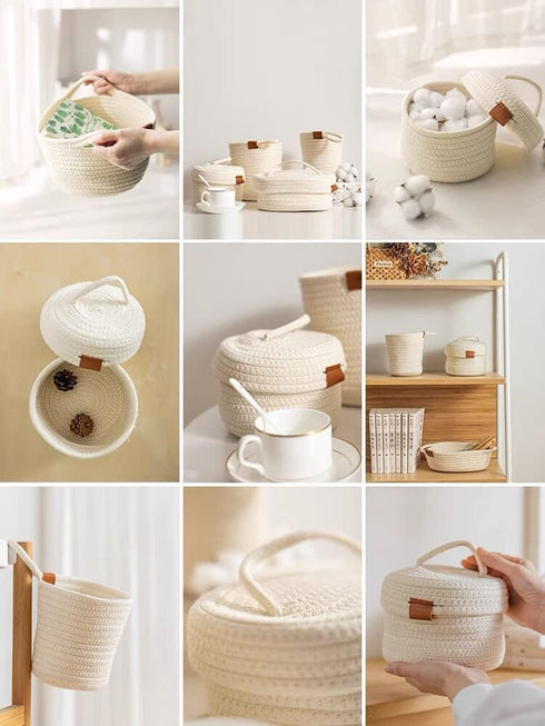 Small Storage Basket-Natural Cotton Rope Woven Baskets for Organizing Cute Basket for Home Decor,Bedside Bathroom Organization Bin (White with Lid...