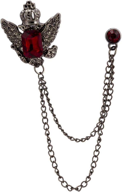 an KINGPiiN Lapel Pin for Men Crowned Stone with Hanging Chain Tassel Brooch Costume Pin Shirt Studs Men's Accessories (Gun Metal-Red)...