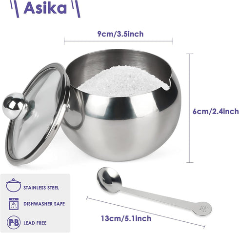 asika Sugar Bowl, Stainless Steel Sugar Pot with Clear Lid and Spoon, Drum Shape Small Condiment Container for Home and Kitchen, 8.1 Ounces(240 Mi...