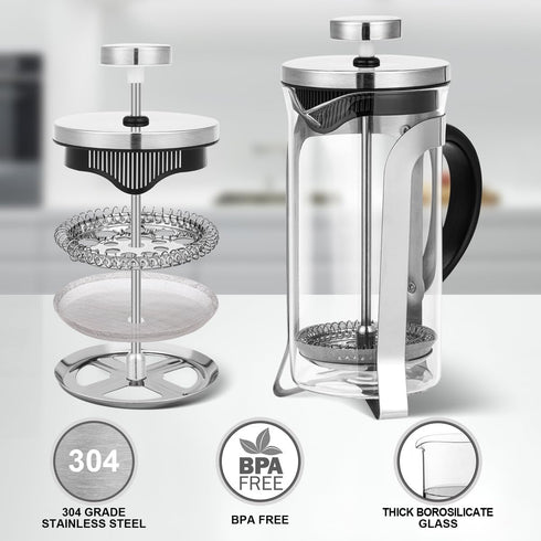 French Press Coffee Maker Carafe Coffee Presser Heat Resistant Glass with 3 Level Filtration System Stainless Steel Brews Coffee and Tea Press 12 ...