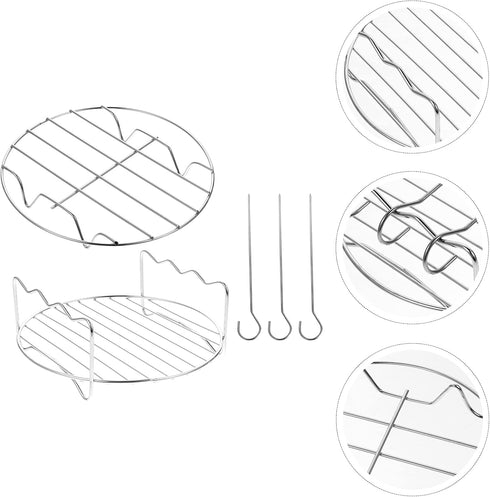 DOITOOL 2pcs Round Air Fryer Rack 7in Dual- layer Dehydrator Rack with Skewer Stainless Steel Steamer Tray Baking and Cooling Steaming Rack Basket...