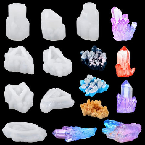 FineInno 8 PCS Crystal Resin Molds,Crystal Cluster Silicone Molds for Resin, Druzy Gem Molds, Iceberg Epoxy Molds for Making Jewelry, Isomalt, Can...