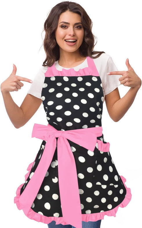 Violet Mist Vintage Apron for Women, Pink Polka Dot Retro Stylish Apron with Pockets, Adjustable Neck Strap...