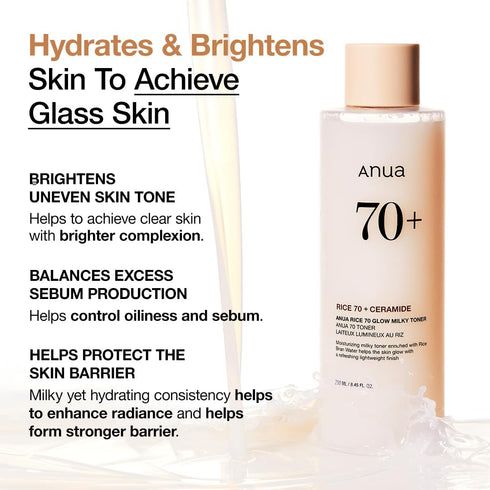 ANUA RICE 70 GLOW MILKY TONER, for Glass Skin and Brightening, Rice Water, Niacinamide, Ceramides, Panthenol, Fragrance-free, Non comodogenic, Fun...