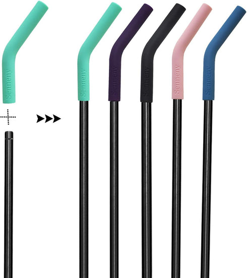 Senneny Set of 5 Stainless Steel Straws with Silicone Flex Tips Elbows Cover, 2 Cleaning Brushes and 1 Portable Bag Included (Black)- 8mm diameter...