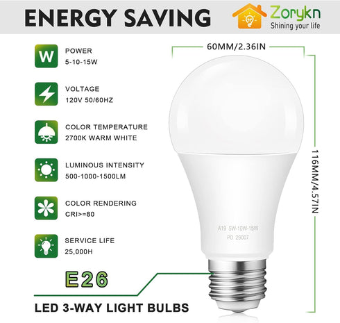 3 Way LED Light Bulbs, 40 60 100 Watt Equivalent, 2700k Warm White, Three Way A19 Dimmable Light Bulb with E26 Medium Base, Perfect for Table Lamp...