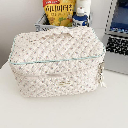 Aesthetic Kawaii Cute Makeup Bag Travel Cotton Quilted Cosmetic Organizer with Handle Toiletry Pouch for Women Teen Girls (Beige Floral)...