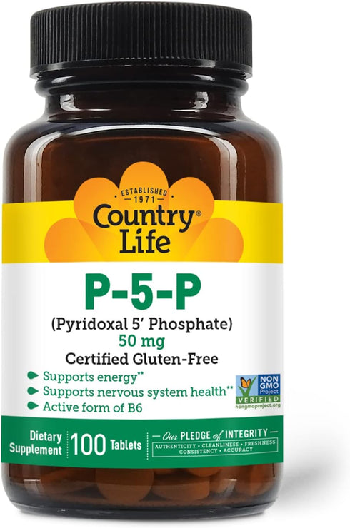 Country Life P-5-P Vitamin B6 – Bioavailable Pyridoxal-5-Phosphate Supplement for Energy, Nervous System Support, and Red Blood Cell Growth – Cert...