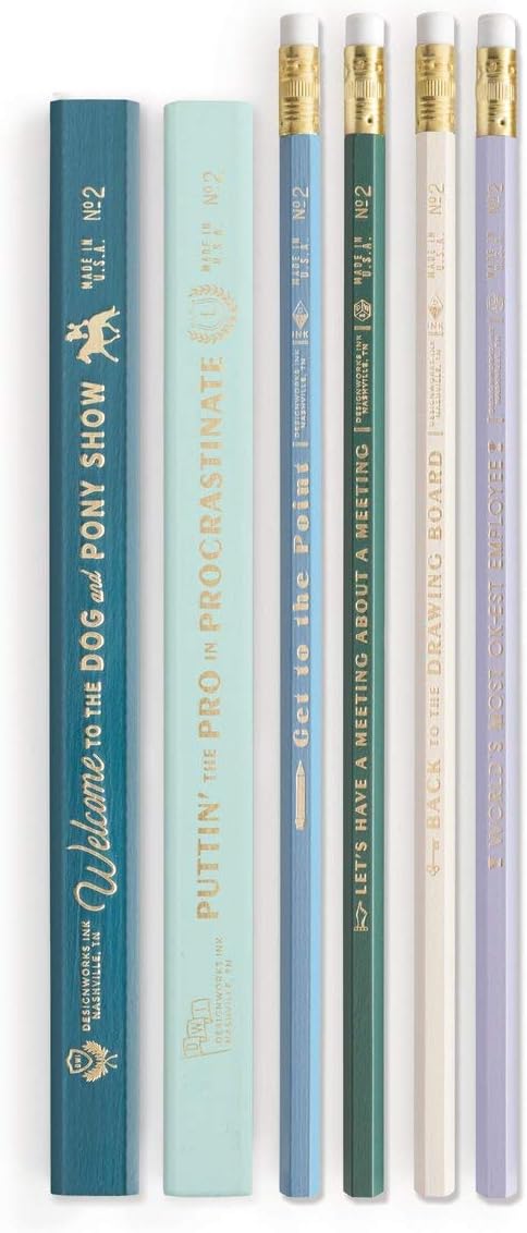 DesignWorks Ink Workplace Shenanigans Engraved Pencil Set Includes 6 Wooden Graphite Pencils with 2 Carpenter Pencils & 4 No. 2 Pencils with Erase...