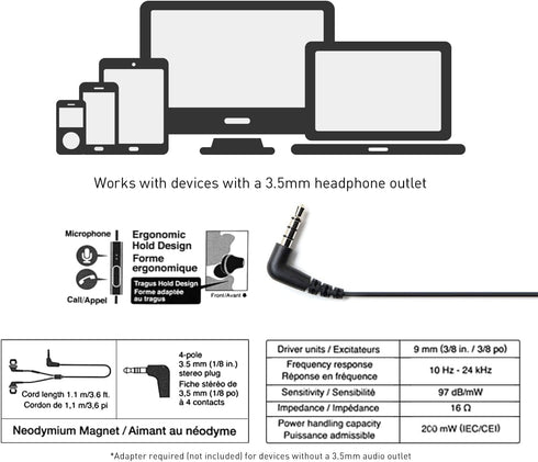 Panasonic ErgoFit Wired Earbuds, In-Ear Headphones with Microphone and Call Controller, Ergonomic Custom-Fit Earpieces (S/M/L), 3.5mm Jack for Pho...