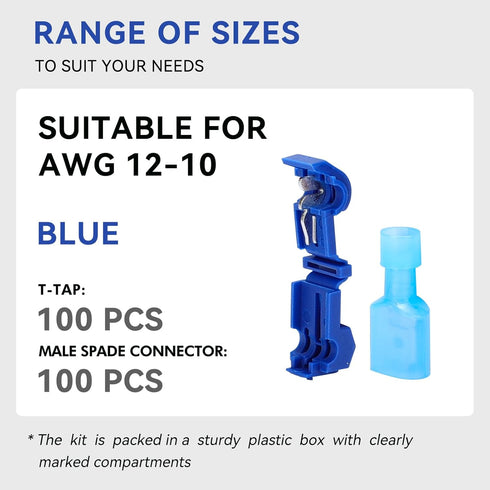 200PCS/100 Pairs T-Tap Quick Splice Disconnect Wire Terminals Spade Wire Connectors Bule 16-14 AWG Male Female Fully Insulated Electrical Automoti...