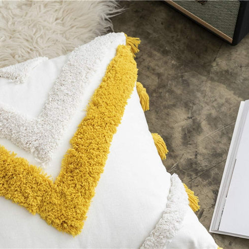 vctops Geometric Embroidery Tufted Throw Pillow Covers 18x18 Inch Farmhouse Cotton Canvas Woven Tufted Tassel Cushion Covers Home Decor (Mustard Y...