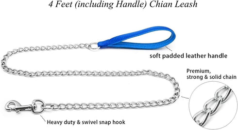 Chain Leash Metal Dog Leash Chrome Plated with Soft Padded Handle for Medium Dogs.(M, Blue Handle)...