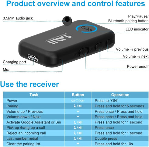 1Mii Bluetooth 5.0 Music Receiver for Car/Home Stereo, Aux Bluetooth Adapter for Car with Volume Control Supports Hands Free Calls, 16H Battery Li...