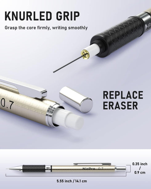 Nicpro 0.7 mm Art Mechanical Pencil Set in Storage Case, 3 PCS Metal Drafting Pencil Lead Pencil with 6 Tube HB Lead Refills, 3 Erasers, 9 PCS Era...
