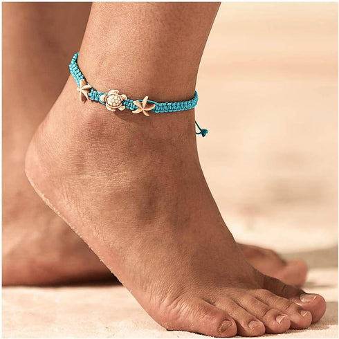 Yokawe Boho Anklets Bracelets Blue Turtle Starfish Anklet String Bracelet Summer Beach Waterproof Barefoot Sandals Foot Jewelry for Women...