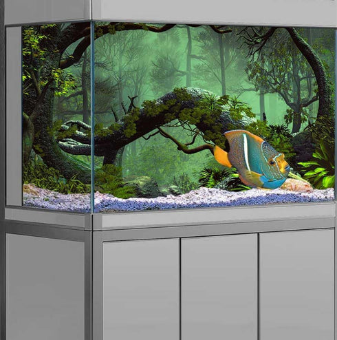 Forest Aquarium Background, Tropical Green Trees Stone Reptile Habitat Background, Foggy Rainforest Fish Tank Background Cloth, 48X24 inches Polye...