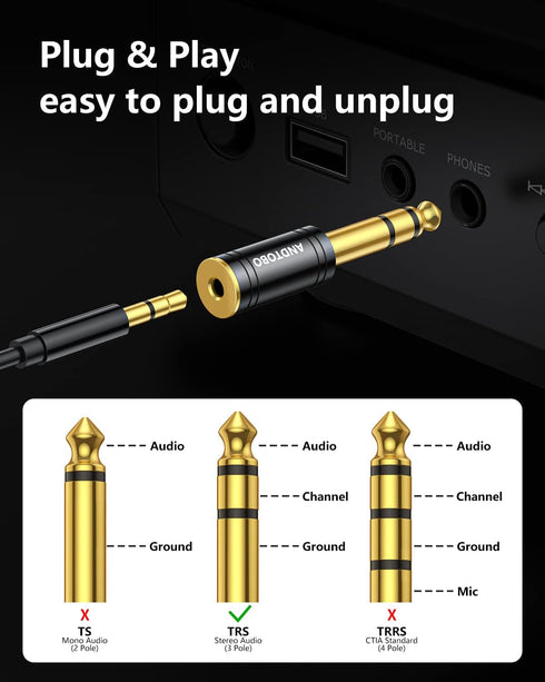 ANDTOBO 1/4''(6.35mm) Male to 1/8'' (3.5mm) Female Stereo Audio Jack Pure Copper Adapter for Headphone, Amp, 1 Pack-Black...