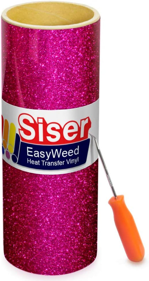 Siser Glitter Hot Pink Heat Transfer Craft Vinyl Roll Including Stainless Steel Weeding Tool (10ft x 10")...