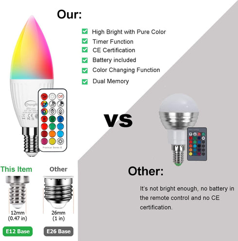E12 LED Light Bulbs 5W, 40W Equivalent, Small Base B11 Candelabra Light Bulbs, Set of 6 LED Color Changing Light Bulbs, Dimmable Color Candle Bulb...