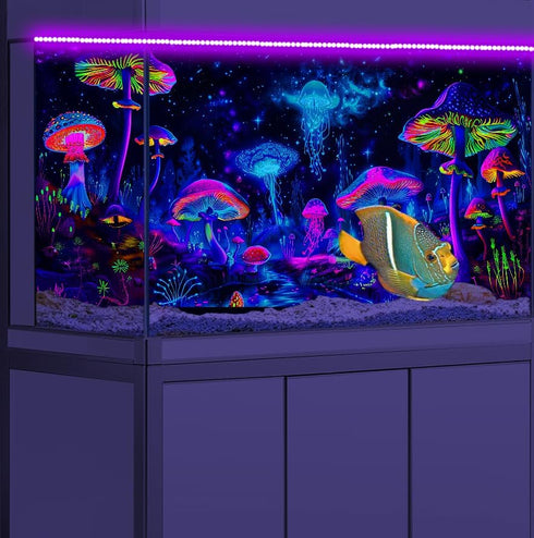24X12IN Blacklight Mushroom Jellyfish Aquarium Background UV Reactive Background Starry Sky Terrarium Background with 10 EVA Double-Sided Tape...