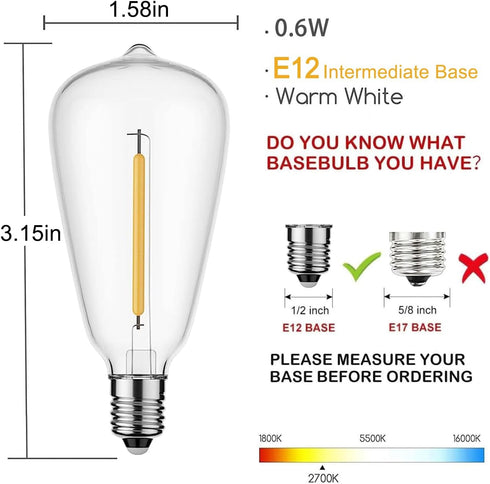 Couah 10 Pack Edison LED Light Bulbs, 0.6 watt E12 Screw Base Replacement Bulbs, LED Shatterproof Bulbs ST38 Clear Plastic Light Bulbs for Outdoor...
