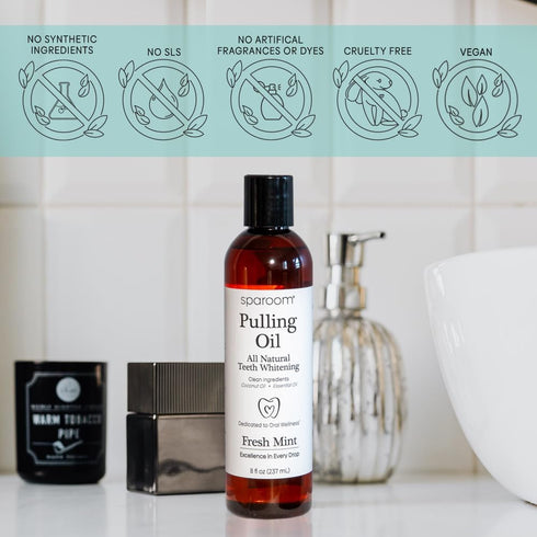 SpaRoom Ayurveda Pulling Oil Mouthwash and Tongue Scraper; Made with Coconut Oil and 7 Essential Oils for Fresh Breath, Teeth Whitening and Gum He...